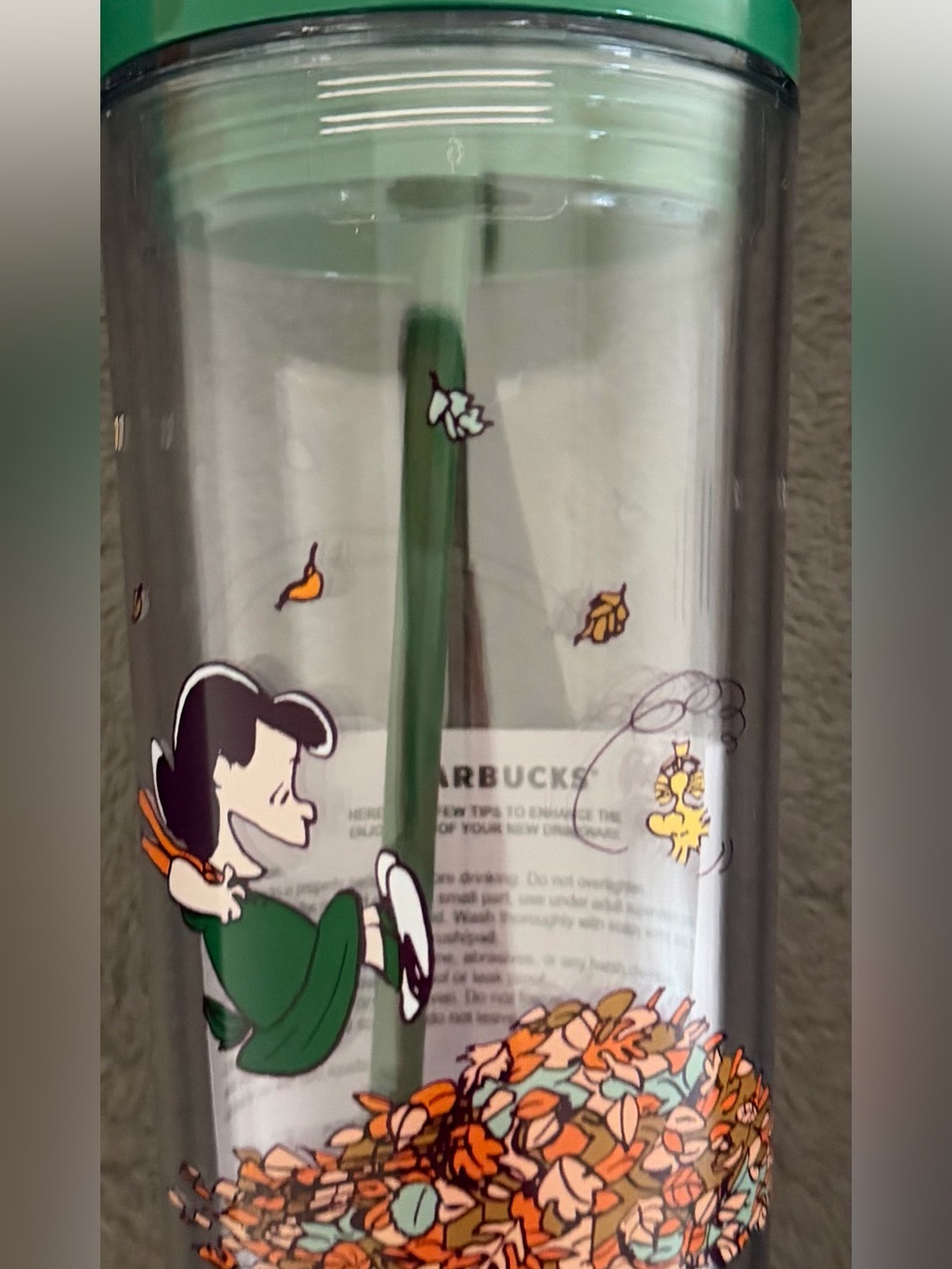 Starbucks Green Fall Peanuts Lucy Tumbler with Orange Accents